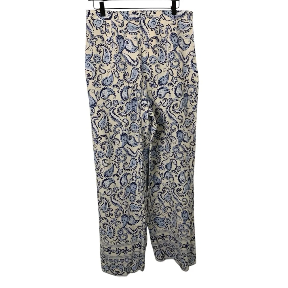 NWT Zara Blue & Cream Women’s XL Linen Blend Wide Leg Floral Paisley Pants